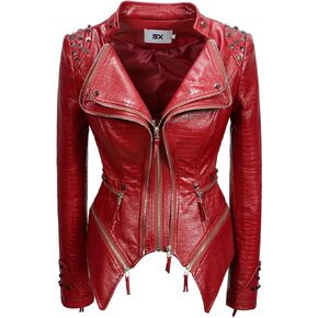 Fashion SX Women's Punk Studded Faux-alligator Print Pattern PU Leather Jackets Zipper Moto Biker Coat in Saudi Arabia