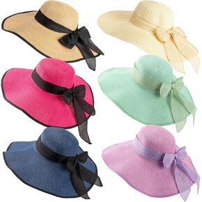 Xtinmee 6 Pcs Summer Women's Big Bowknot Straw Hat Wide Brim Foldable Floppy Hat Adjustable UV Protection UPF 50+ Beach Hat