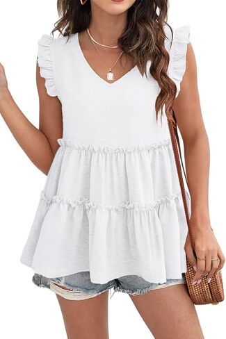 AGSEEM Womens Babydoll Tank Tops V Neck Ruffle Sleeve Pleated Peplum Shirts Summer in Saudi Arabia