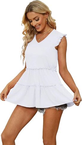 AGSEEM Womens Babydoll Tank Tops V Neck Ruffle Sleeve Pleated Peplum Shirts Summer in Saudi Arabia