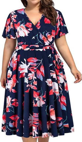 kissmay Plus Size Womens V Neck Floral Cocktail Party Midi Dresses with Pocket in Saudi Arabia