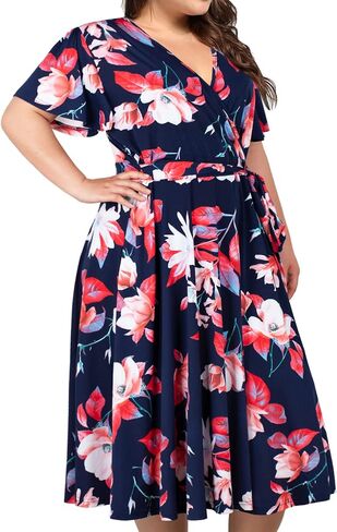 kissmay Plus Size Womens V Neck Floral Cocktail Party Midi Dresses with Pocket in Saudi Arabia