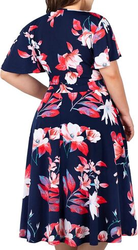 kissmay Plus Size Womens V Neck Floral Cocktail Party Midi Dresses with Pocket in Saudi Arabia