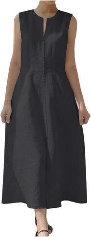 Ladyful Women's V Neck Solid Color Sleeveless Cotton Linen Dress in Saudi Arabia