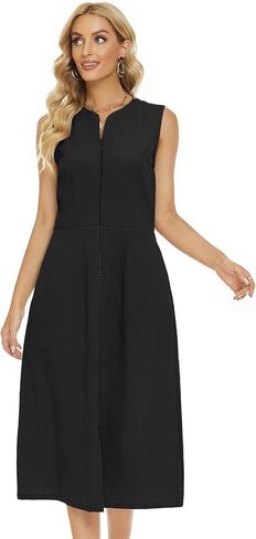 Ladyful Women's V Neck Solid Color Sleeveless Cotton Linen Dress in Saudi Arabia