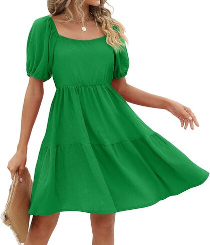 Womens Dresses Square Neck Puff Sleeve Casual Loose Spring A-Line Dresses in Kuwait