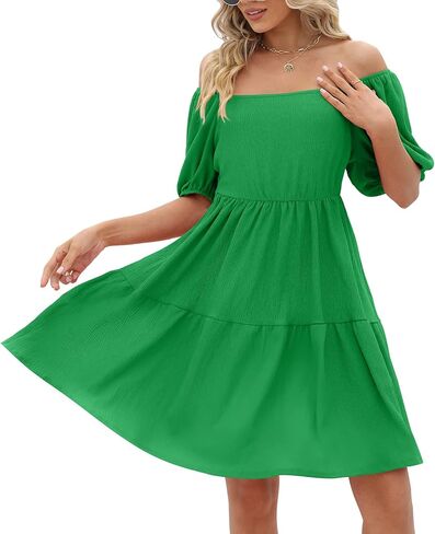 Womens Dresses Square Neck Puff Sleeve Casual Loose Spring A-Line Dresses in Kuwait