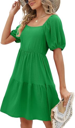 Womens Dresses Square Neck Puff Sleeve Casual Loose Spring A-Line Dresses in Kuwait