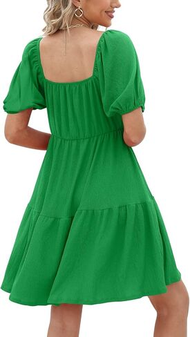 Womens Dresses Square Neck Puff Sleeve Casual Loose Spring A-Line Dresses in Kuwait