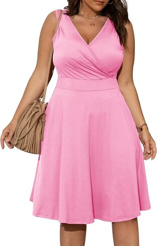POSESHE Womens Plus Size Dresses Sleeveless Wrap V-Neck Sundress Casual Summer Wedding Guest Cocktail Dress with Pockets in Kuwait