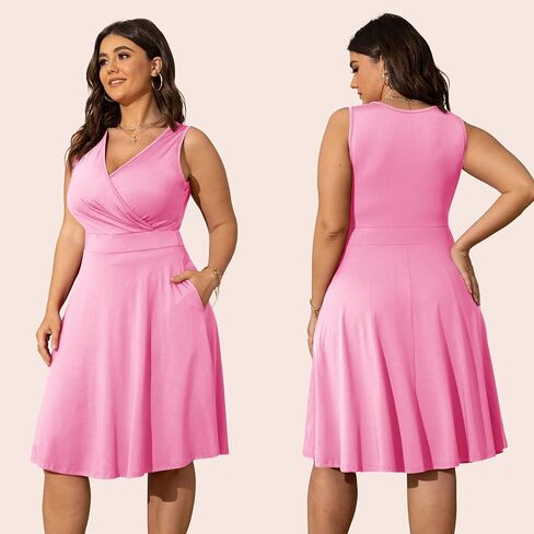 POSESHE Womens Plus Size Dresses Sleeveless Wrap V-Neck Sundress Casual Summer Wedding Guest Cocktail Dress with Pockets in Kuwait