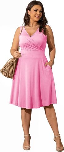 POSESHE Womens Plus Size Dresses Sleeveless Wrap V-Neck Sundress Casual Summer Wedding Guest Cocktail Dress with Pockets in Kuwait