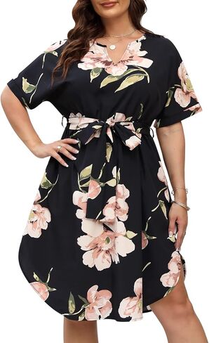 Nemidor Womens Casual Plus Size Summer Boho Floral Print Swing Midi Dress with Pockets NEM306 in Kuwait