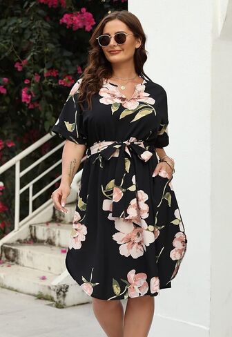 Nemidor Womens Casual Plus Size Summer Boho Floral Print Swing Midi Dress with Pockets NEM306 in Kuwait