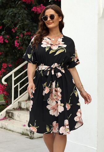 Nemidor Womens Casual Plus Size Summer Boho Floral Print Swing Midi Dress with Pockets NEM306 in Kuwait