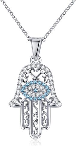 JSGEMSLEE White Gold 14K Gold Plated Necklaces for Women Evil Eye Necklace for Women Girls Evil Eye Hamsa Hand of Fatima Pendant Necklace Good Luck Necklace Jewelry in Kuwait