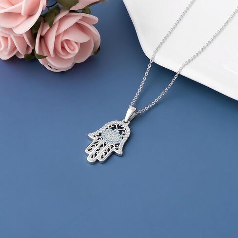 JSGEMSLEE White Gold 14K Gold Plated Necklaces for Women Evil Eye Necklace for Women Girls Evil Eye Hamsa Hand of Fatima Pendant Necklace Good Luck Necklace Jewelry in Kuwait