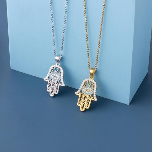 JSGEMSLEE White Gold 14K Gold Plated Necklaces for Women Evil Eye Necklace for Women Girls Evil Eye Hamsa Hand of Fatima Pendant Necklace Good Luck Necklace Jewelry in Kuwait