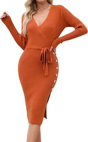 Kenaque 2023 فستان سترة نسائي خريفي بأكمام طويلة مثير بياقة على شكل V وفتحة جانبية التفاف Bodycon مضلع متماسكة فساتين متوسطة الطول in Kuwait