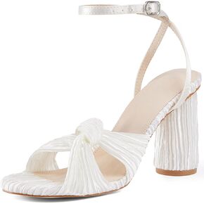 Jauoop Women's Pleated Bow Knot Heeled Sandals Open Toe Ankle Strap Block Chunky Heel Slides Bridal Wedding Dress Shoes