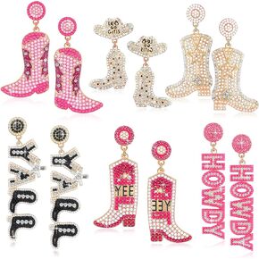 Junkin 6 Pairs Beaded Cowboy Earrings for Women Girls Rhinestone Beads Boot Hat Drop Dangle Earrings Western Cowgirl Earrings in Saudi Arabia
