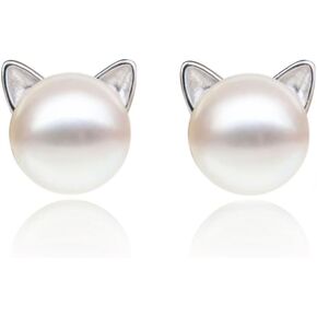 S.Leaf Cat Earrings Pearl Earrings Sterling Silver Earrings for Women Cat Memorial Gifts Cat Gifts for Cat Lovers