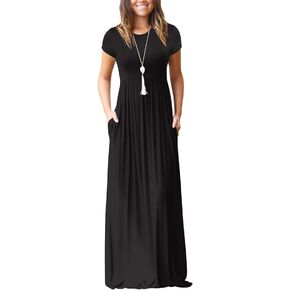 Women's Short Sleeve Loose Plain Long Casual Empire Waist Maxi Dress with Pockets