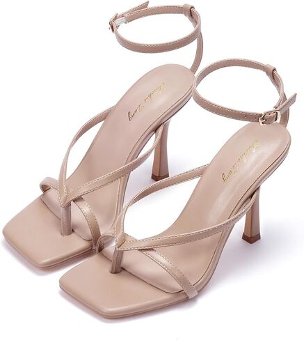 Elisabet Tang Womens Square Toe Heeled Sandals,4.3 inch Square Toe Thong Strappy Ankle Strap Stiletto Heel Sandals Wedding Dress Party Shoes in Saudi Arabia