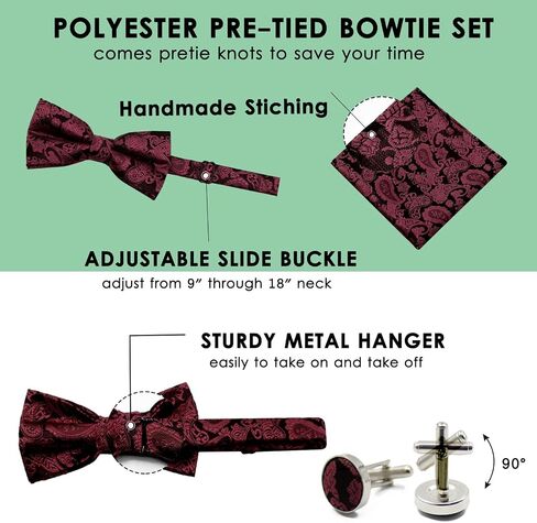 Mantieqingway Bow Ties for Men Paisley Bowtie Pocket Square Cufflinks Set Adjustable Pre-tied Bowtie Handkerchief for Wedding in Saudi Arabia