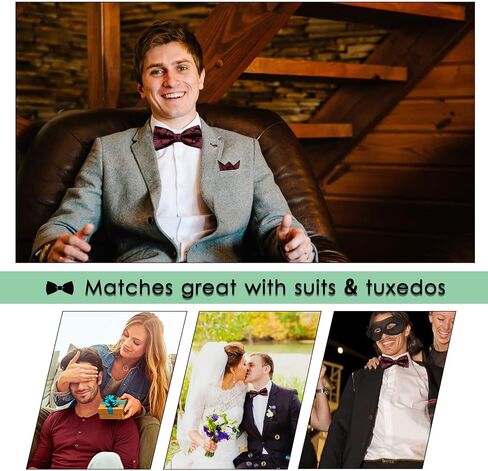 Mantieqingway Bow Ties for Men Paisley Bowtie Pocket Square Cufflinks Set Adjustable Pre-tied Bowtie Handkerchief for Wedding in Saudi Arabia