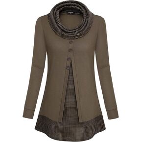 VALOLIA Womens Cowl Neck Long Sleeve Tunic Tops Button Casual Loose Shirts