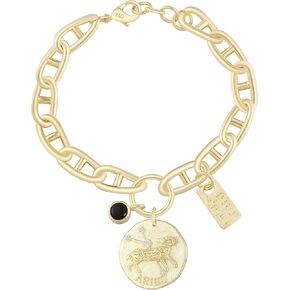 GOVENUS Astrology Zodiac Sign Bracelet,14K Gold Plated Brass Antique Coin Pendant and Onyx Charm with 7 Inches Adjusted GICCI Chain, for Womens&Girls