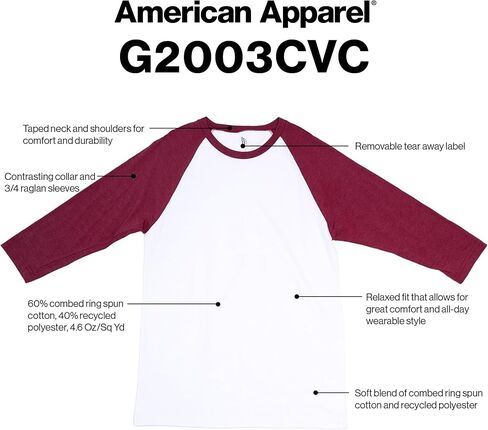 تي شيرت CVC Raglan للجنسين من American Apparel، طراز G2003CVC، عبوة من قطعتين in Kuwait