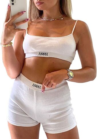 Nhicdns ملابس الصيف للنساء 2 قطعة مثير مضلع السراويل المحاصيل القمم رياضية مجموعات Y2K الملابس in Kuwait