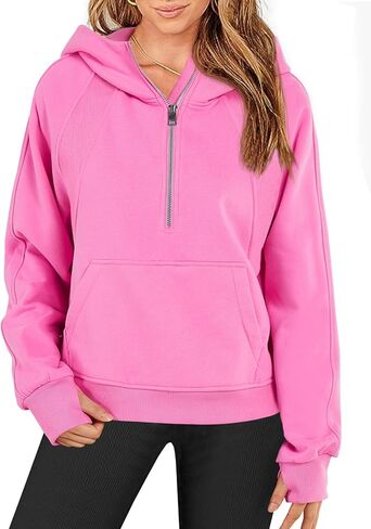 Langwyqu Womens Hooded Sweatshirts Fleece Lined Half Zip Up Cropped Hoodies Casual Long Sleeve Quater Zip Pullover Tops in Saudi Arabia