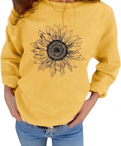VILOVE Lightweight Sweatshirts Womens Long Sleeve T Shirt Cute Sunflower Print Crewneck Pullover Tee Tops in Saudi Arabia