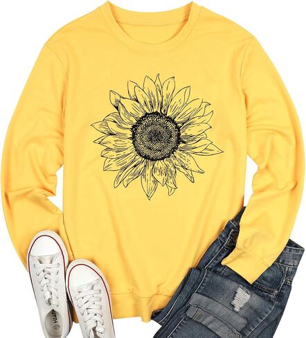 VILOVE Lightweight Sweatshirts Womens Long Sleeve T Shirt Cute Sunflower Print Crewneck Pullover Tee Tops in Saudi Arabia