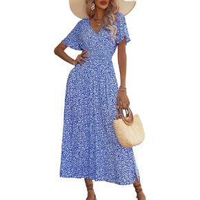 Floerns Women's Boho Floral Print V Neck Short Sleeve Split Thigh Long Dress
