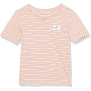 تي شيرت Calvin Klein للأولاد بأكمام قصيرة ورقبة دائرية مخططة، ناعم، مريح، مريح، لون فضي خطي، 6 in Saudi Arabia