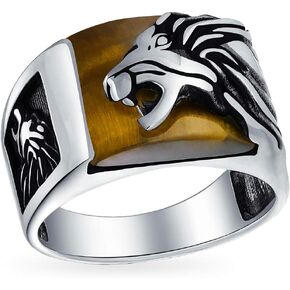 Men's Gemstone Large Roaring Black Onyx Brown Tiger Eye Lion Head Ring For Men Solid Oxidized .925 Sterling Silver Handmade In Turkey in Saudi Arabia