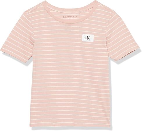 Calvin Klein Boys' Short Sleeve Striped Crew Neck T-Shirt, Soft, Comfortable, Relaxed Fit, Linear Silver Pink, 6 in Saudi Arabia