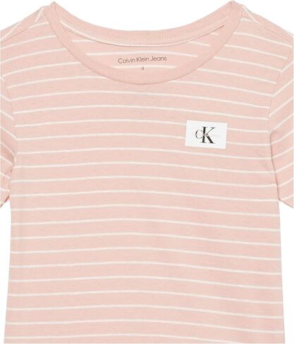 Calvin Klein Boys' Short Sleeve Striped Crew Neck T-Shirt, Soft, Comfortable, Relaxed Fit, Linear Silver Pink, 6 in Saudi Arabia
