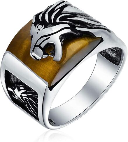 Men's Gemstone Large Roaring Black Onyx Brown Tiger Eye Lion Head Ring For Men Solid Oxidized .925 Sterling Silver Handmade In Turkey in Saudi Arabia