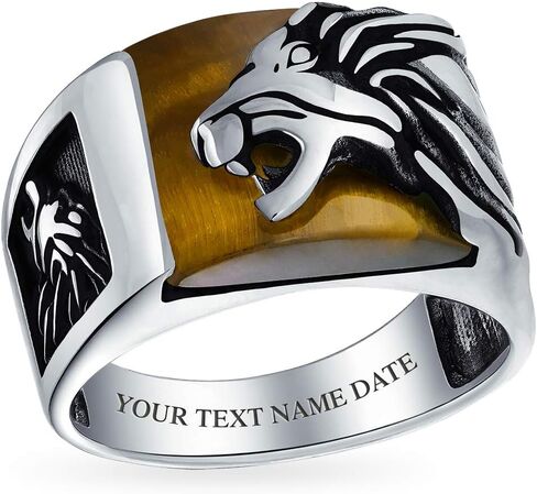 Men's Gemstone Large Roaring Black Onyx Brown Tiger Eye Lion Head Ring For Men Solid Oxidized .925 Sterling Silver Handmade In Turkey in Saudi Arabia