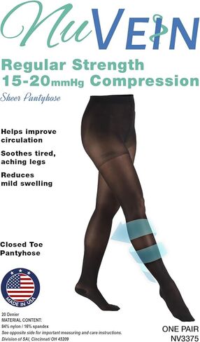 NuVein Compression Pantyhose, 15-20 mmHg Support, Women's Sheer Nylon Hosiery Tights, Closed Toe, Black, Medium in Kuwait
