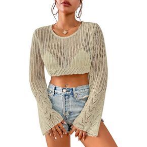 LANGEYANG Women's Crochet Knit Crop Top Hollow Out Long Bell Sleeve Round Neck Sweater Summer Beach Bikini Pullover Cover Up in Saudi Arabia