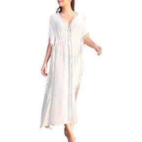 Pinup Fashion Women's Swimsuit Cover Up Tassel Trim Belted Beach Long Kaftan Coverups Dress