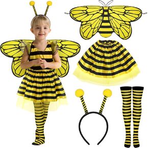 Newcotte 4 Pcs Halloween Girls Bee Ladybug Costume Includes Wings Tutu Headband Striped Tights for Kids Toddler Halloween in Kuwait