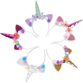 Vanteriam 5PCS Glitter Unicorn Horn Headband, Flower Ears Unicorn Headbands for Girls, Birthday Unicorn Party Supplies, Cosplay Costume in Saudi Arabia
