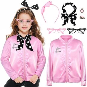 AOTHSO 1950s Girls Pink Satin Jacket with Polka Dot Scarf Headband Earrings and Cat Eye Glasses Halloween Cosplay Costume in Saudi Arabia